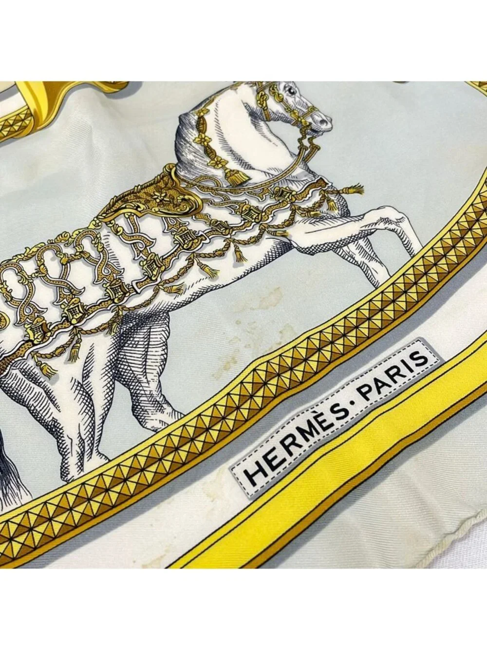 Hermes Scarf Carre 90 Yellow Ivory Grand Apparat Dressed Horse Silk